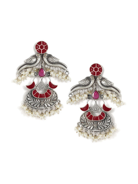

Rubans Silver-Plated& Pink Peacock Shaped Jhumkas