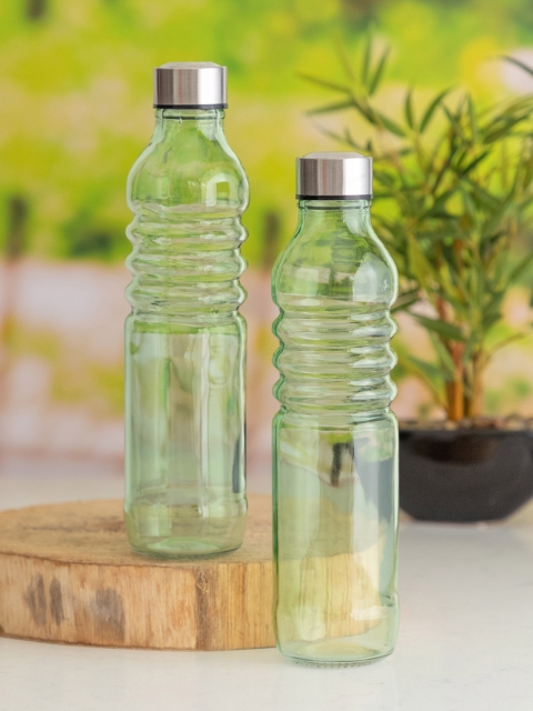 

GOODHOMES Set Of 2 Green Solid Glass Bottles With Airtight Cap