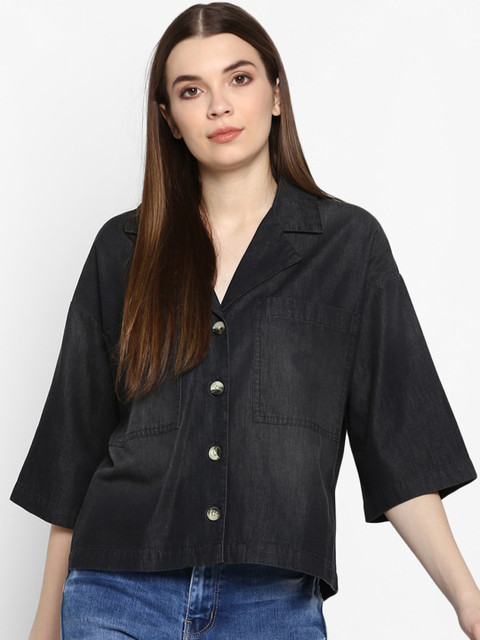 

FOSH Women Black Regular Fit Solid Casual Shirt
