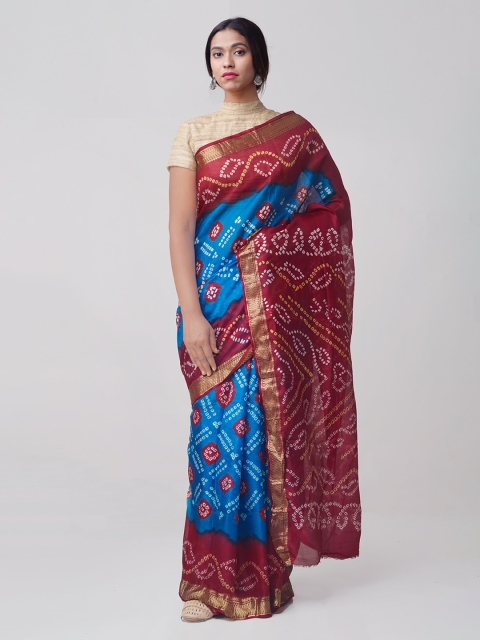 Unnati Silks Blue & Red Pure Silk Woven Design Bandhani Saree