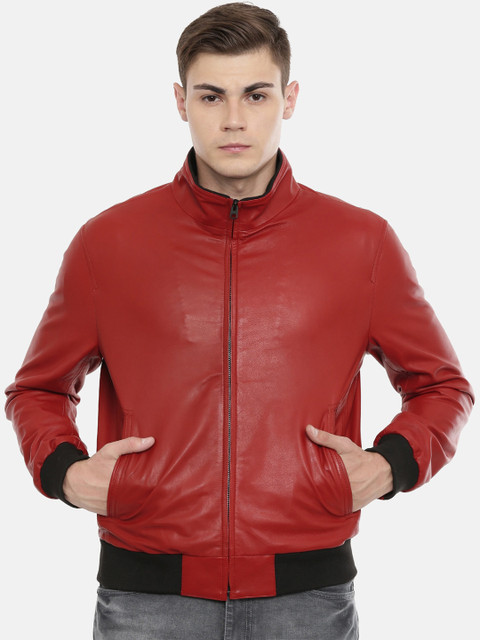 

MONOCHROME Men Red Solid Leather Insulator Bomber Jacket