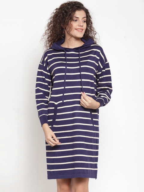 

Global Republic Women Navy Blue & White Striped Hooded T-shirt Dress
