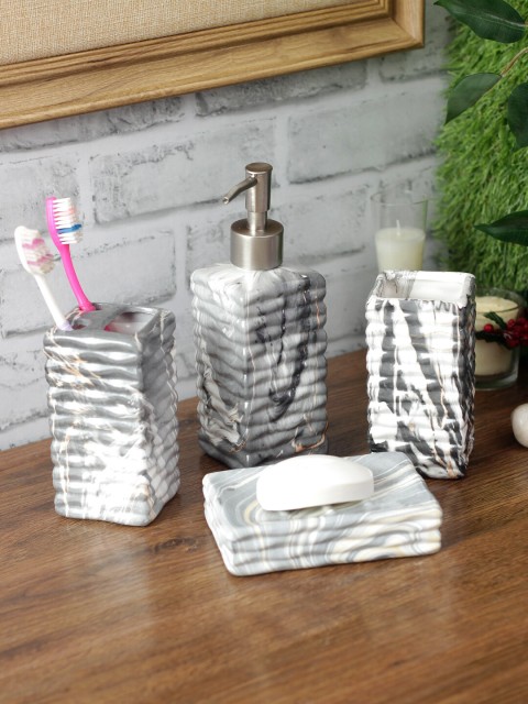 

House Of Accessories Grey & White Marble Textured Ceramic Four Piece Bathroom Accessories Set