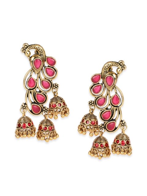 

ANIKAS CREATION Magenta Gold Plated Antique Peacock Shaped Jhumkas