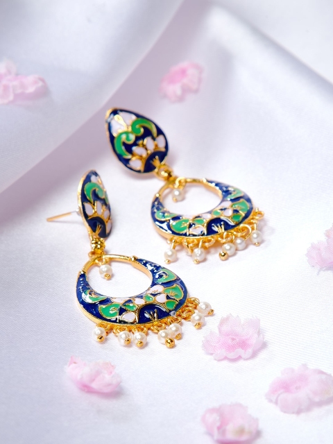 

ZeroKaata Blue & Green Gold-Plated Handcrafted Meenakari Geometric Drop Earrings