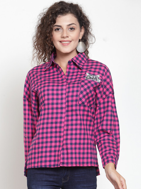 

Global Republic Women Pink & Navy Blue Regular Fit Checked Casual Shirt
