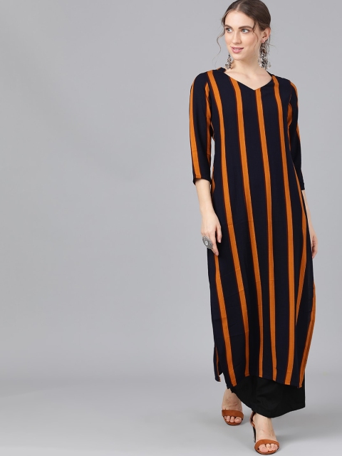 

AKS Women Navy Blue & Yellow Striped Straight Kurta