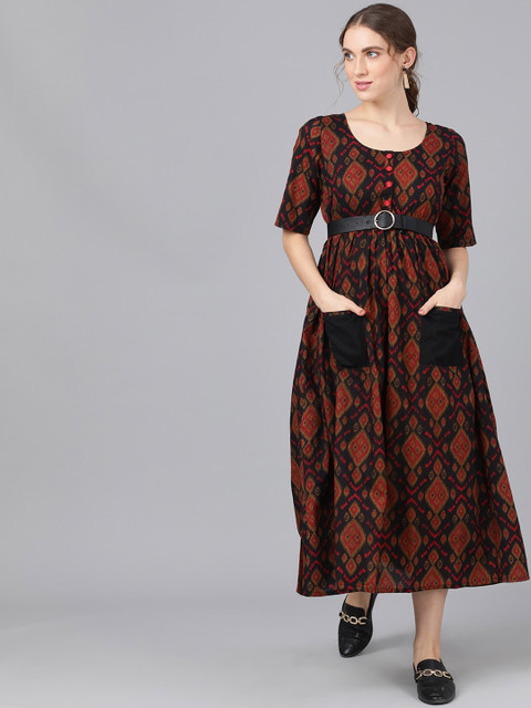 

AKS Women Black & Red Printed A-Line Dress