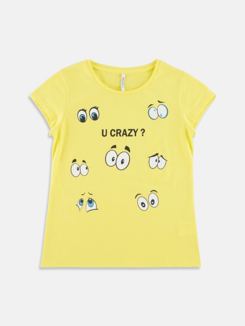 

POPPERS by Pantaloons Girls Yellow Printed Round Neck Pure Cotton T-shirt