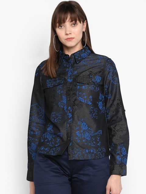 

FOSH Women Black & Blue Regular Fit Floral Printed Casual Denim Shirt