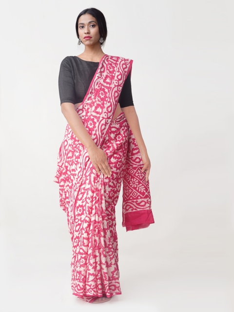 

Unnati Silks Pink & White Batik Print Pure Kota Organza Cotton Saree