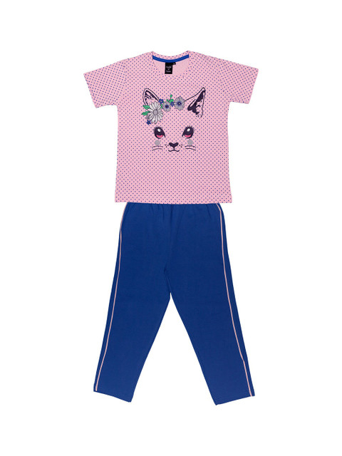 

Todd N Teen Girls Pink & Navy Blue Printed Night suit