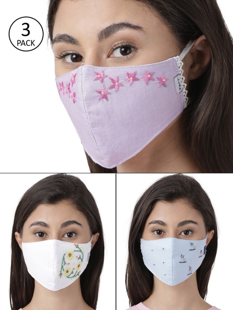 

Llak Jeans Unisex 3 Pcs 3 Ply Reusable Embroidered Cloth Masks, Multi