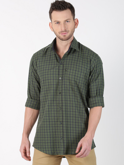 

LEVIZO Men Olive Green & Navy Blue Premium Classic Fit Checked Casual Shirt