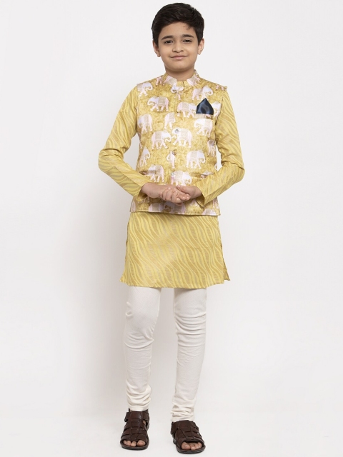 

NEUDIS Boys Mustard Yellow & White Printed Kurta with Churidar & Nehru Jacket