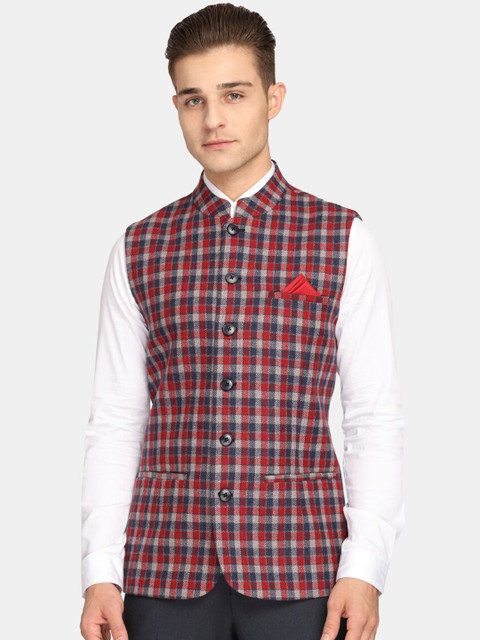 

Theme Men Navy Blue & Red Checked Woven Nehru Jacket