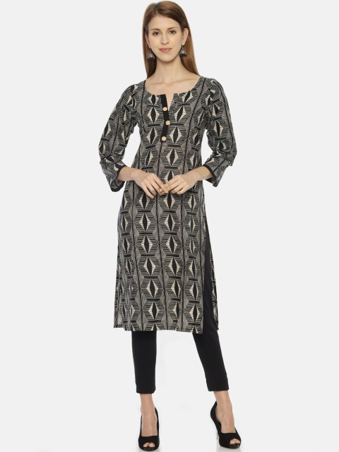 

Resha Women Black & Cream-Coloured Striped Straight Kurta