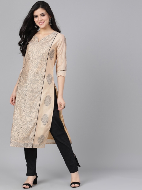 

AKS Couture Women Beige Block Print Chanderi Straight Kurta