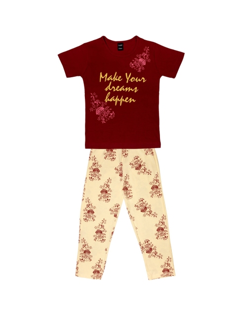 

Todd N Teen Girls Maroon & Cream-Coloured Printed Night suit