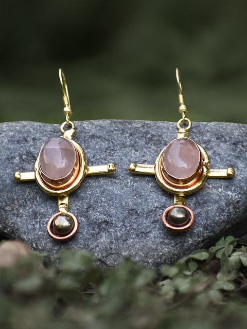 

ZeroKaata Gold-Plated Green & Pink Handcrafted Geometric Drop Earrings