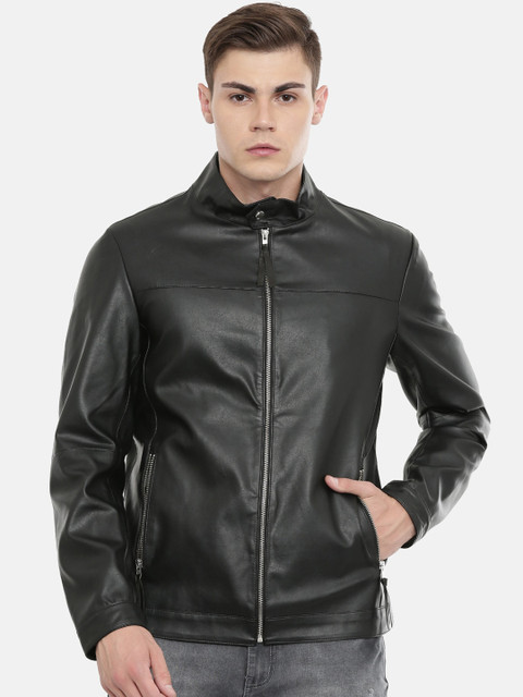 

MONOCHROME Men Black Solid Insulator Leather Jacket