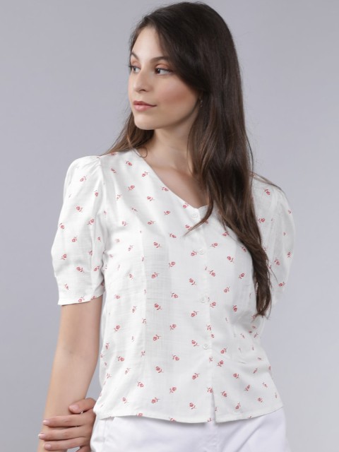 

Tokyo Talkies Women Off-White & Pink Printed Top