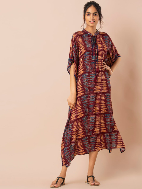 

INDYA Women Multicoloured Leafy Front Tie Kaftan Dress, Multi
