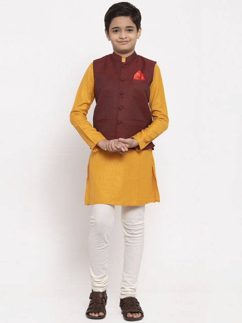 

NEUDIS Boys Mustard & White Solid Kurta with Churidar & Nehru Jacket