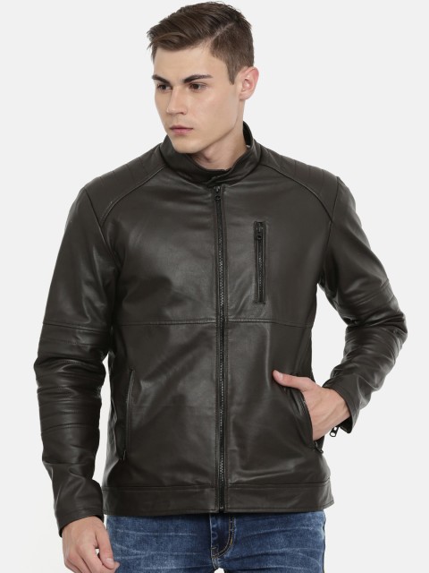 

MONOCHROME Men Coffee Brown Solid Leather Insulator Biker Jacket