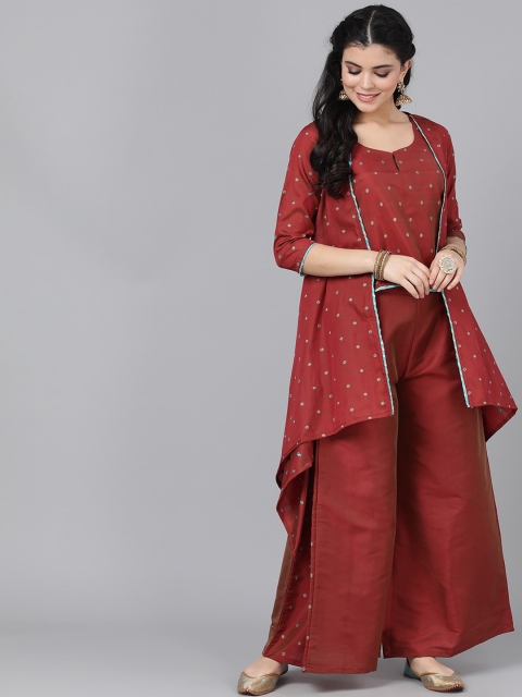 

AKS Couture Women Maroon Self Design Top & Palazzos wit Jacket