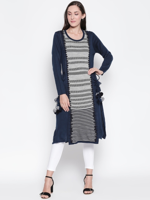 

RANGMANCH BY PANTALOONS Women Navy Blue & Grey Woven Design Knitted Straight Kurta