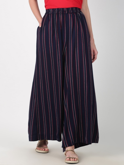 

Saffron Threads Women Navy Blue & Maroon Striped Straight Palazzos