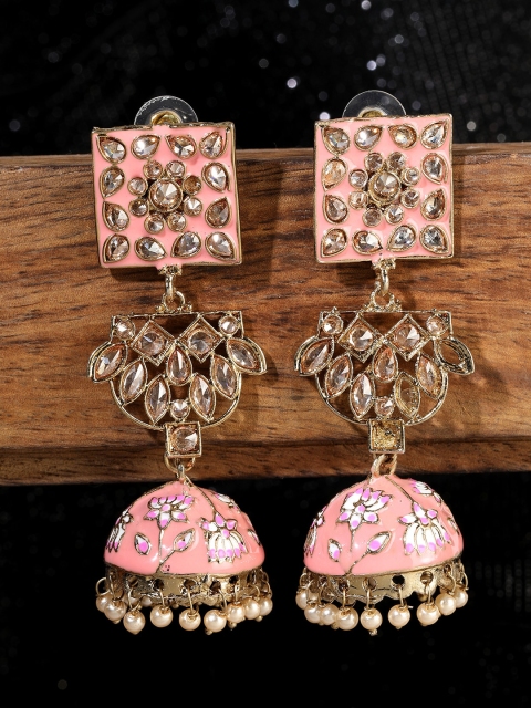 

ANIKAS CREATION Gold-Plated & Pink Square Meenakari Jhumkas