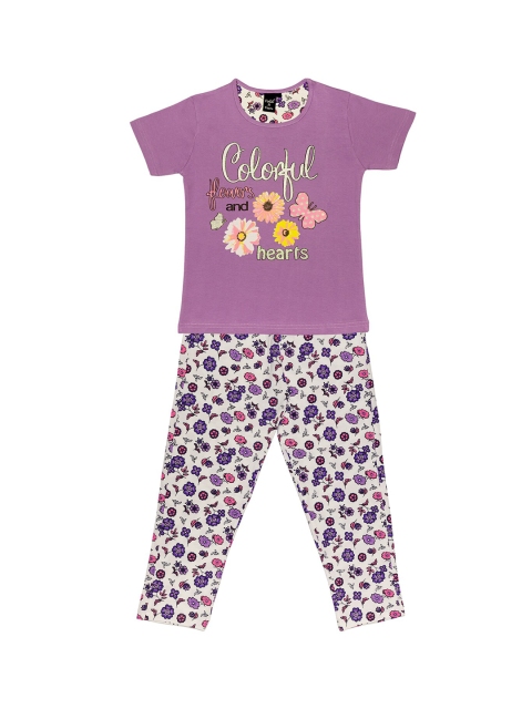

Todd N Teen Girls Lavender & Off-White Printed Night suit