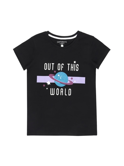 

POPPERS by Pantaloons Girls Black Printed Round Neck Pure Cotton T-shirt