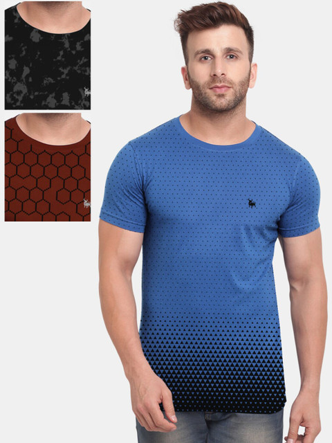 

BULLMER Men Pack Of 3 Printed Round Neck T-shirts, Blue