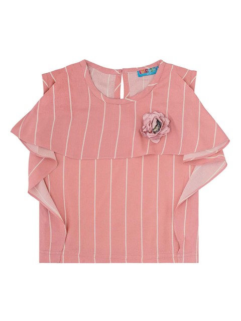 

Kid Studio Girls Peach-Coloured Striped Layered Pure Cotton Top with Floral Applique Detail