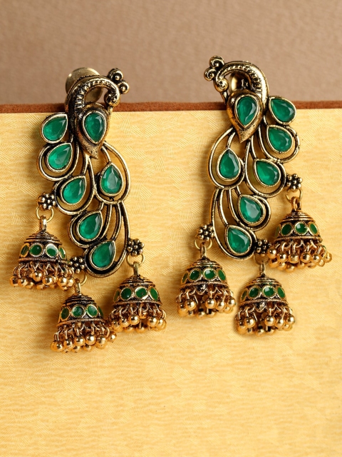 

ANIKAS CREATION Gold-Plated & Green Peacock Shaped Jhumkas