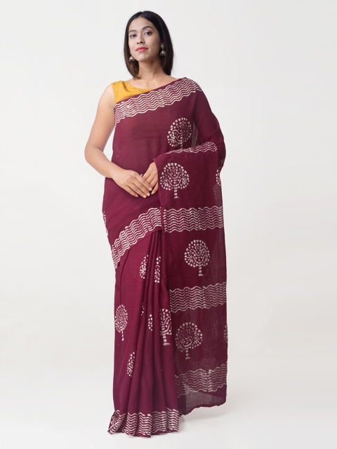 

Unnati Silks Maroon & White Batik Print Pure Kota Organza Cotton Saree