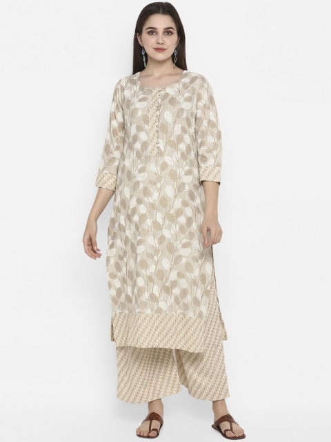 

ZOEYAMS Women Beige & White Floral Print Straight Kurta