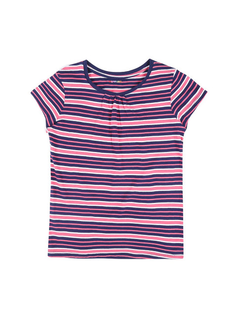 

POPPERS by Pantaloons Girls Navy Blue Pink Striped Round Neck Pure Cotton T-shirt