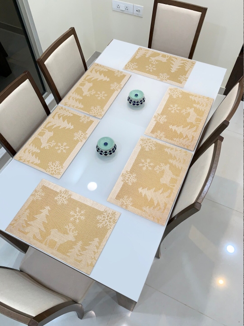 

HOKIPO Set Of 6 Gold-Coloured & White Printed Washable Table Placemats