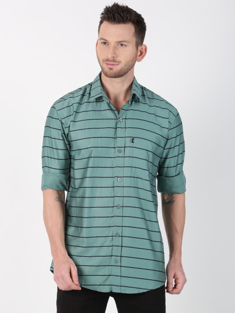 

LEVIZO Men Sea Green & Navy Blue Striped Premium Regular Fit Shirt