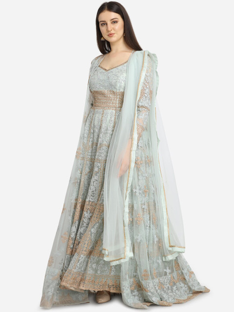 

Stylee LIFESTYLE Turquoise Blue & Black Net Semi-Stitched Dress Material