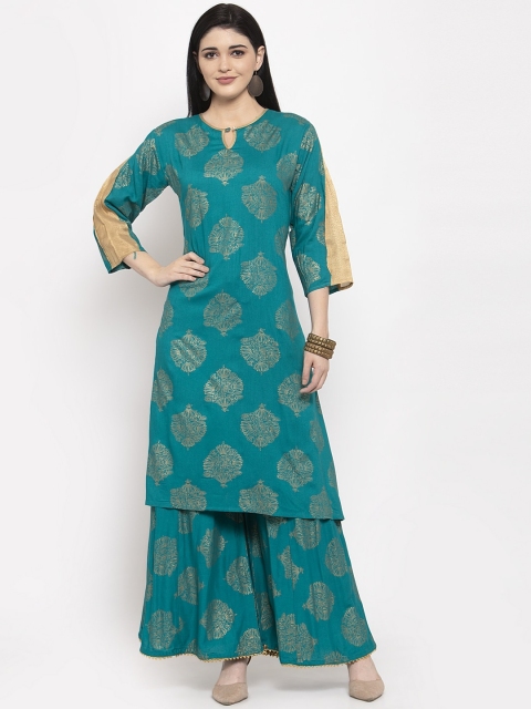 

Clora Creation Women Teal Blue & Gold-Coloured Printed Kurta with Palazzos