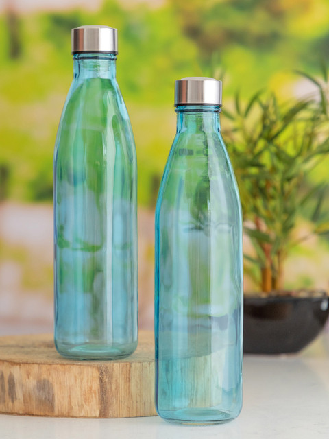 

GOODHOMES Set Of 2 Blue Solid Glass Bottles With Airtight Cap