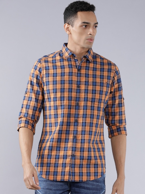 Ecko Unltd Men Blue & Orange Slim Fit Checked Casual Shirt