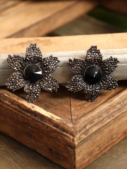 ANIKAS CREATION Silver-Plated & Gunmetal-Toned Floral Studs