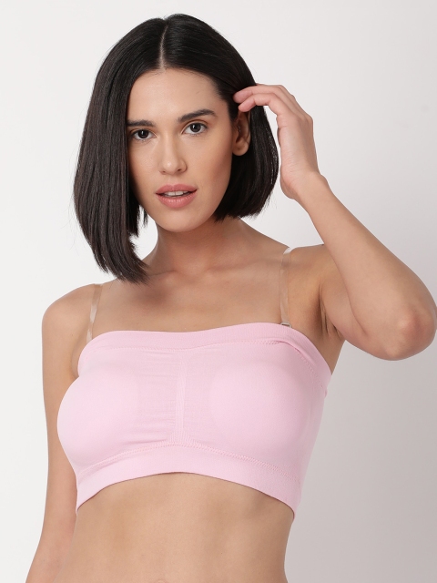 

GOLDSTROMS Women Pink Solid Padded Cropped Tube Top With Detachable Transparent Straps