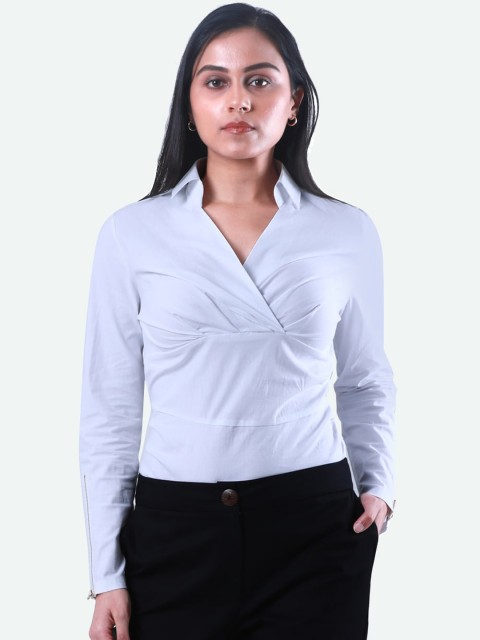 

QUA Women White Solid Wrap Pure Cotton Top